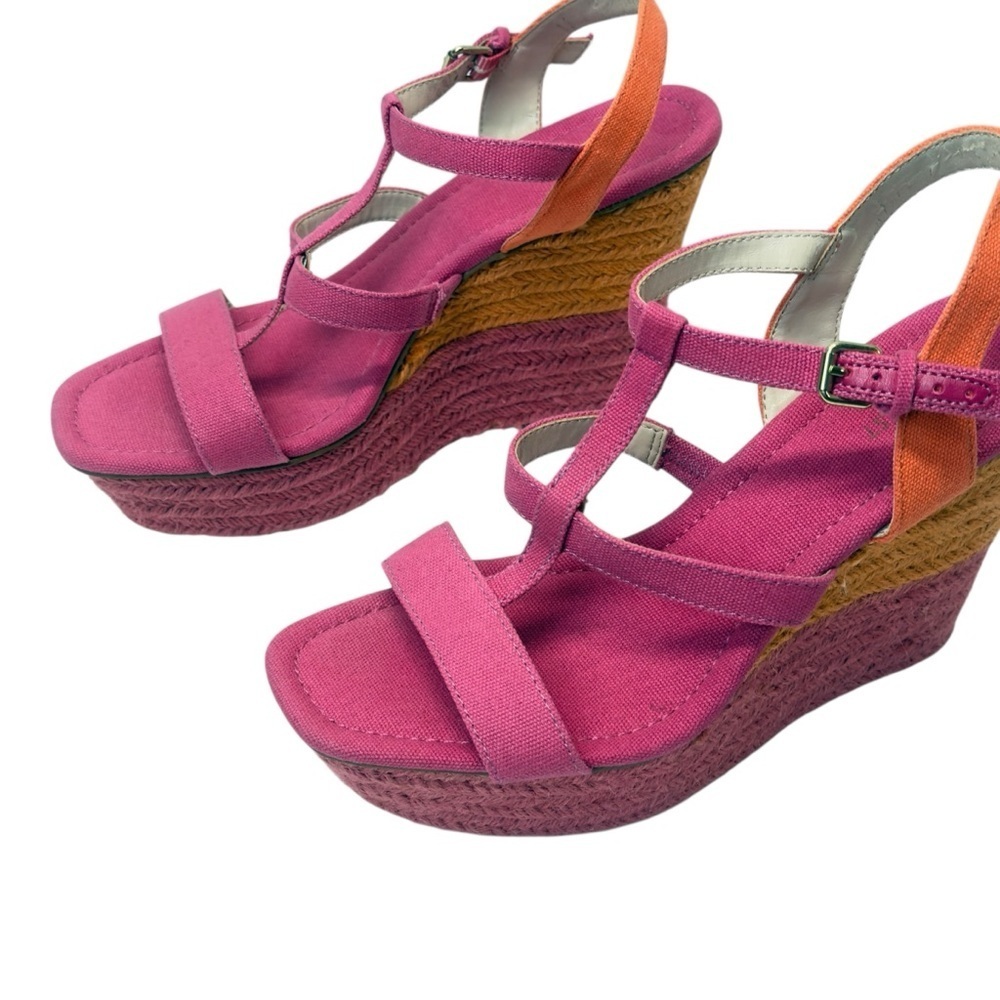 Nine West Pink and Orange Wedge Sandals with Braided Heel - Picture 4 of 12